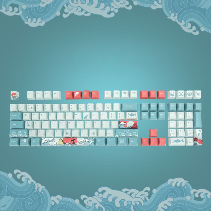 PBT Keycap Set - 108 Keys - Dye Sublimation - Ukiyo-e Sea Waves / Summer Lotus Designs