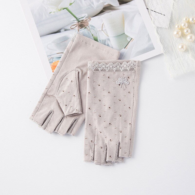 Gants de protection solaire pour femmes, en coton, UV, perle, Sport, cyclisme, conduite, écran tactile, demi-doigt, moufle, fleur, point, O22: B Gray