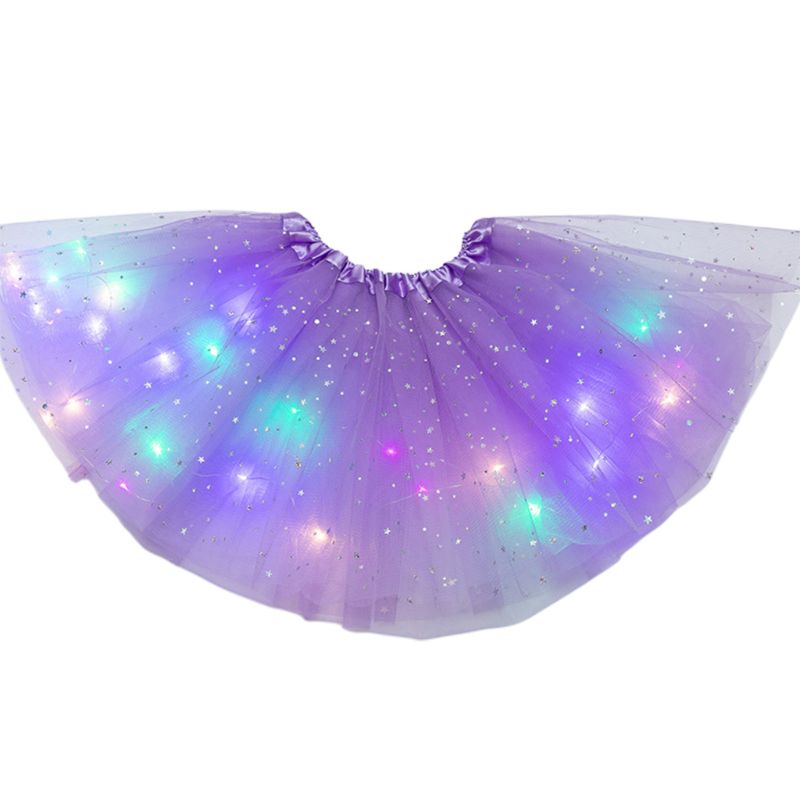 Falda con lentejuelas y estrellas brillantes para niñas, tutú de baile y Ballet con luces LED, Vestido corto de tul en capas de colores neón para escenario y: Light Purple