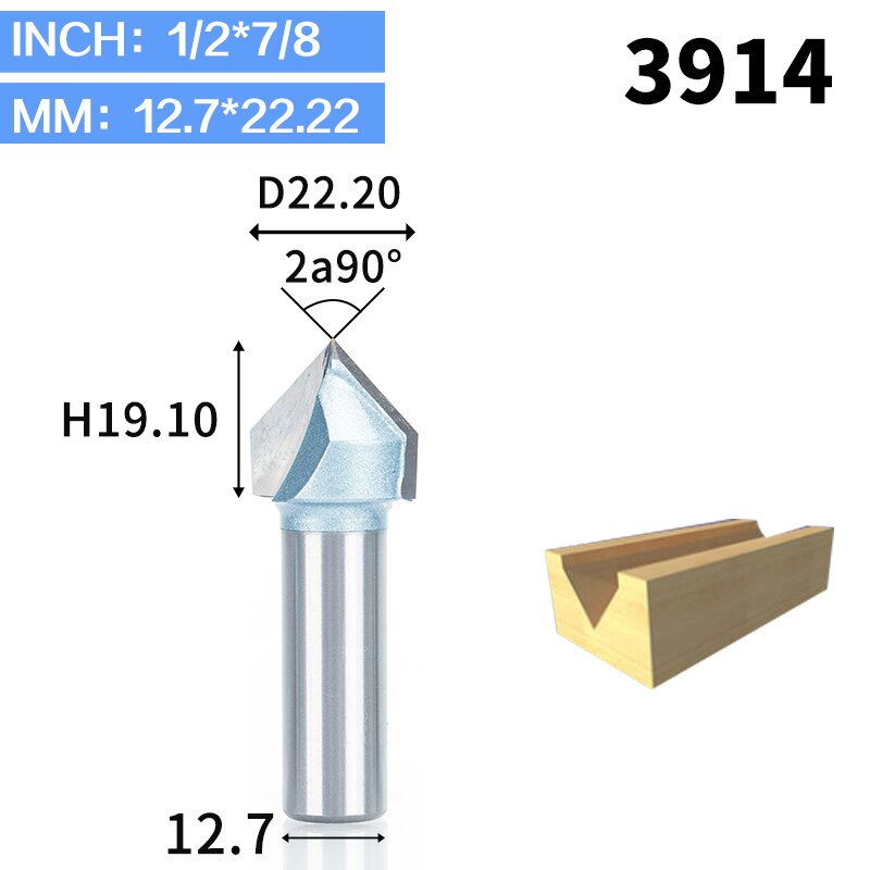 HUHAO 1 Uds 1/2 "1/4" vástago fresas de enrutador de grado Industrial para madera 90 Deg V tipo ranurado cortador de tungsteno herramienta de tallado de carpintería: 3914