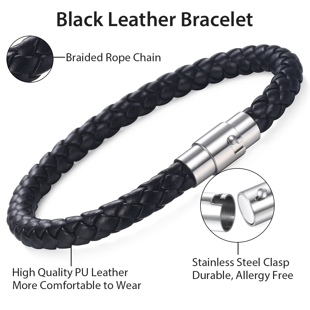 Davieslee 4/6/8mm Leather Bracelet For Men Black Braided Rope Stainless Steel Clasp 20/23/25cm Men's Bracelet DLBM118: 6mm Black LB721 / 8inch 20cm