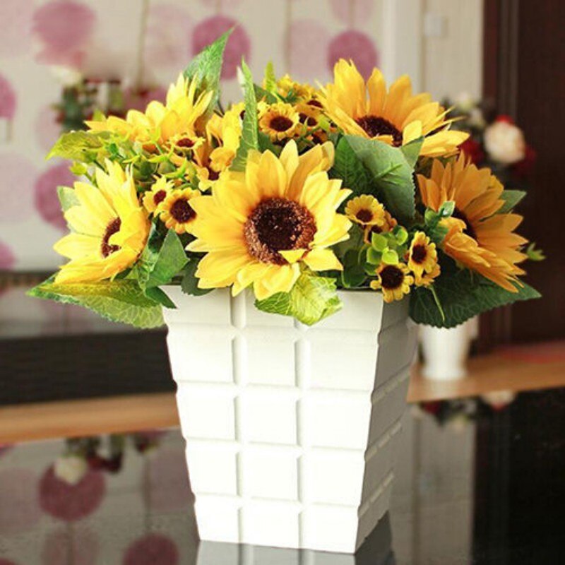 1 ramo de girasoles artificiales realistas, cabezas de girasoles de plástico artificiales, adornos de doméstica, accesorios