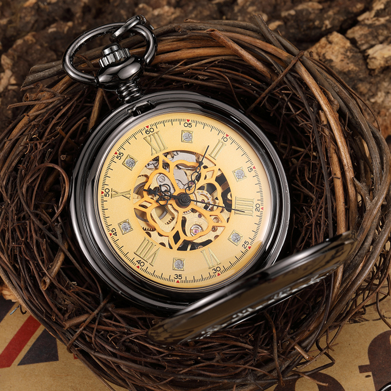 Unique Hollow Petal Pattern Mechanical Pocket Watch Arabic Numeral Case Roman Numeral Golden Dial Rhinestone PM029