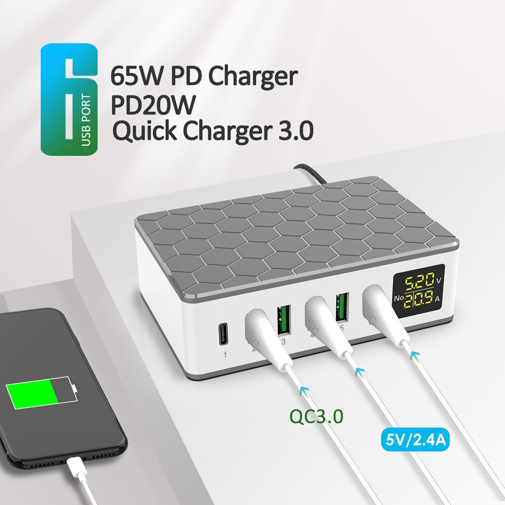 Ilepo 65w pd schnellladegerät für iphone 12, 11 pro, handys und tablets , 6 usb-anschlüsse für samsung, sony und huawei, digitale intelligente ladestation