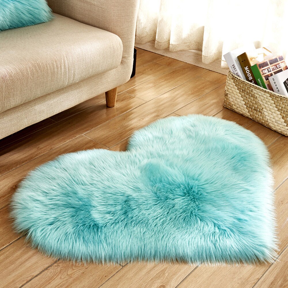 Multifunction Kitchen Bathroom Bedroom Living Room Fluffy Artificial Wool Sheepskin Hairy Love Heart Rugs Household Accessories: Light blue