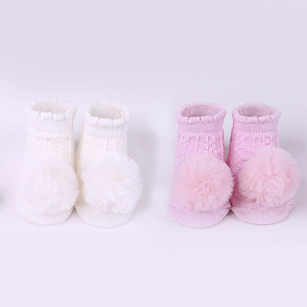 2 Paar/set Baby Meisjes Pom Pom Ademende Sokken Katoenen Baby Winter Sokken Set Anti Slip Met Pompom Antislip Sokken voor 0-6M
