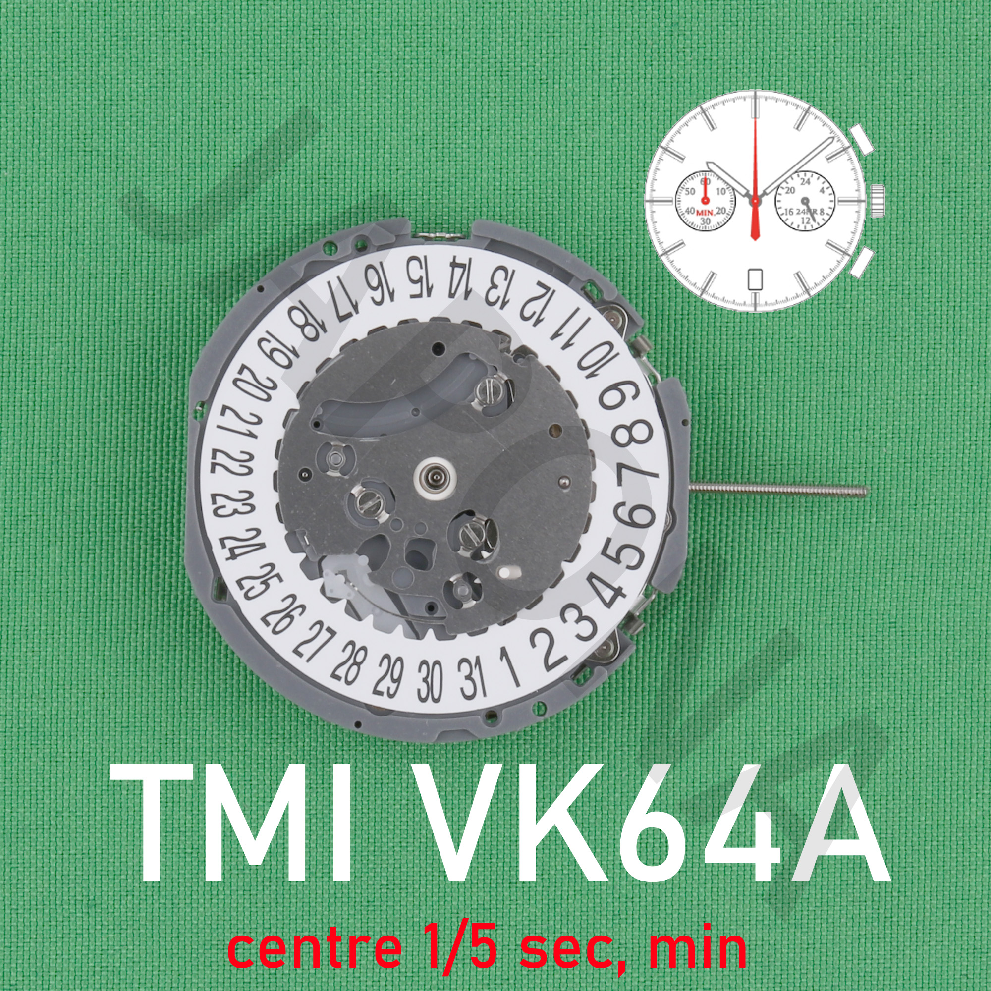 Movimiento VK64 Movimiento japonés TMI VK64A Chrono (centro 1/5 seg, min) 24 horas, fecha Movimiento de cuarzo con sincronización precisa