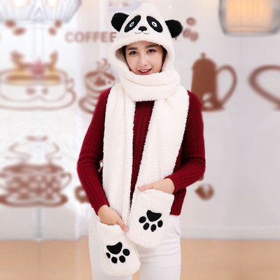 3 in 1 functies dier cartoon koraal fleece sjaal winter mooie panda muts met handschoenen voor kinderen volwassenen kerst: Volwassen glimlach