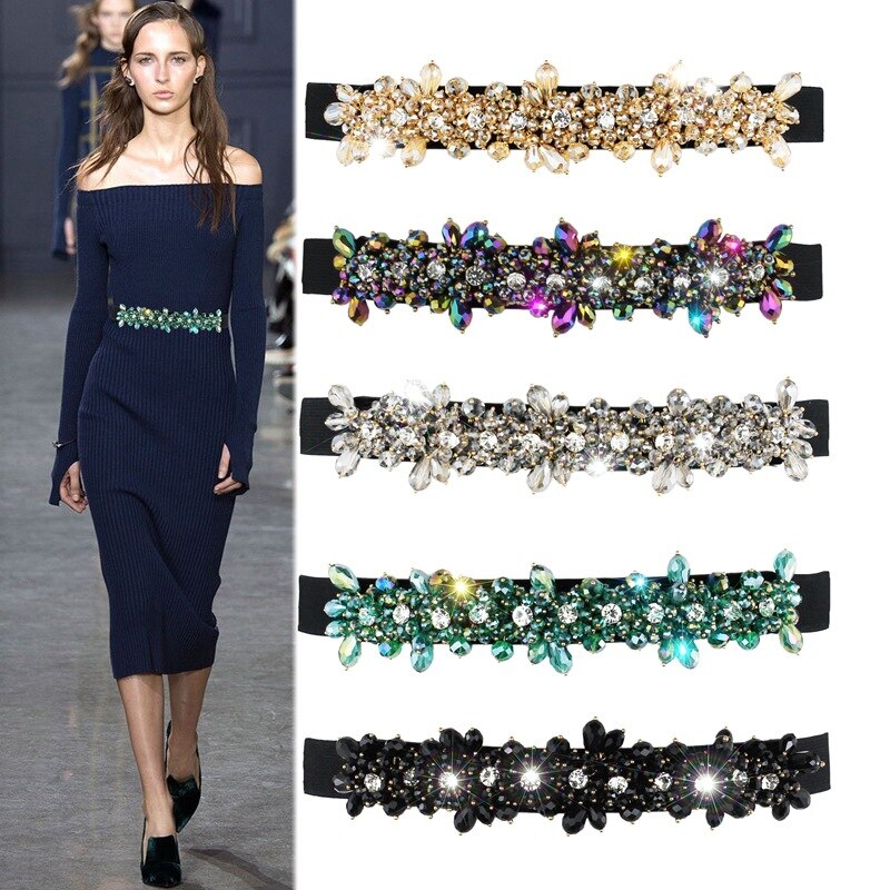 Frauen Klassische Elegante Breite Elastische strecken Taille Band mit Dekorative Strass Perlen Blume Taille Gürtel Bund B68