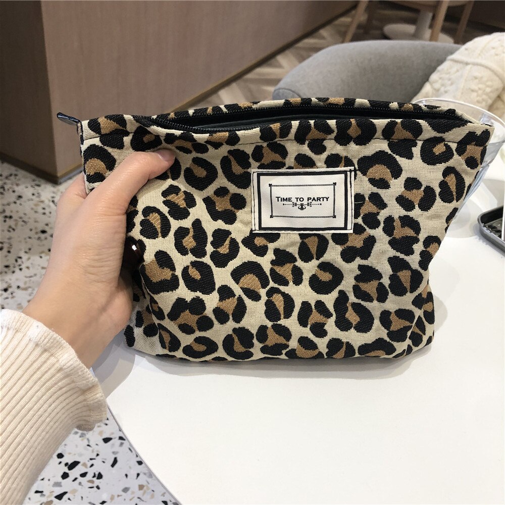 Bolso grande con estampado de cebra leopardo para mujer, bolsa para cosméticos de lienzo impermeable con cremallera, bolsa de maquillaje de viaje, organizador de maquillaje, funda de belleza: 3