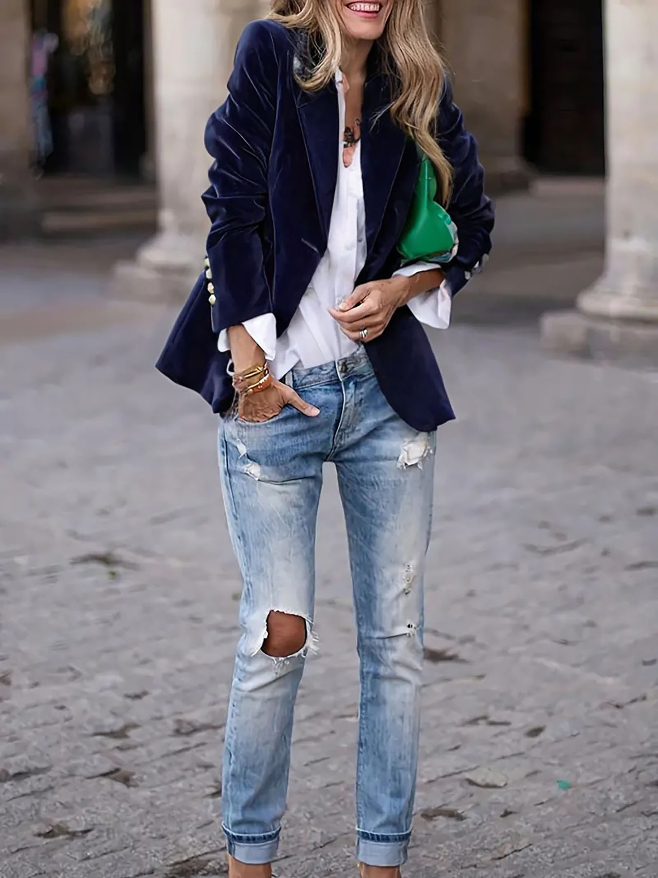 Dame Jakke Liten Fløyel - Vår Stilfull Business Casual Polert Pendler Stil: L / Blå