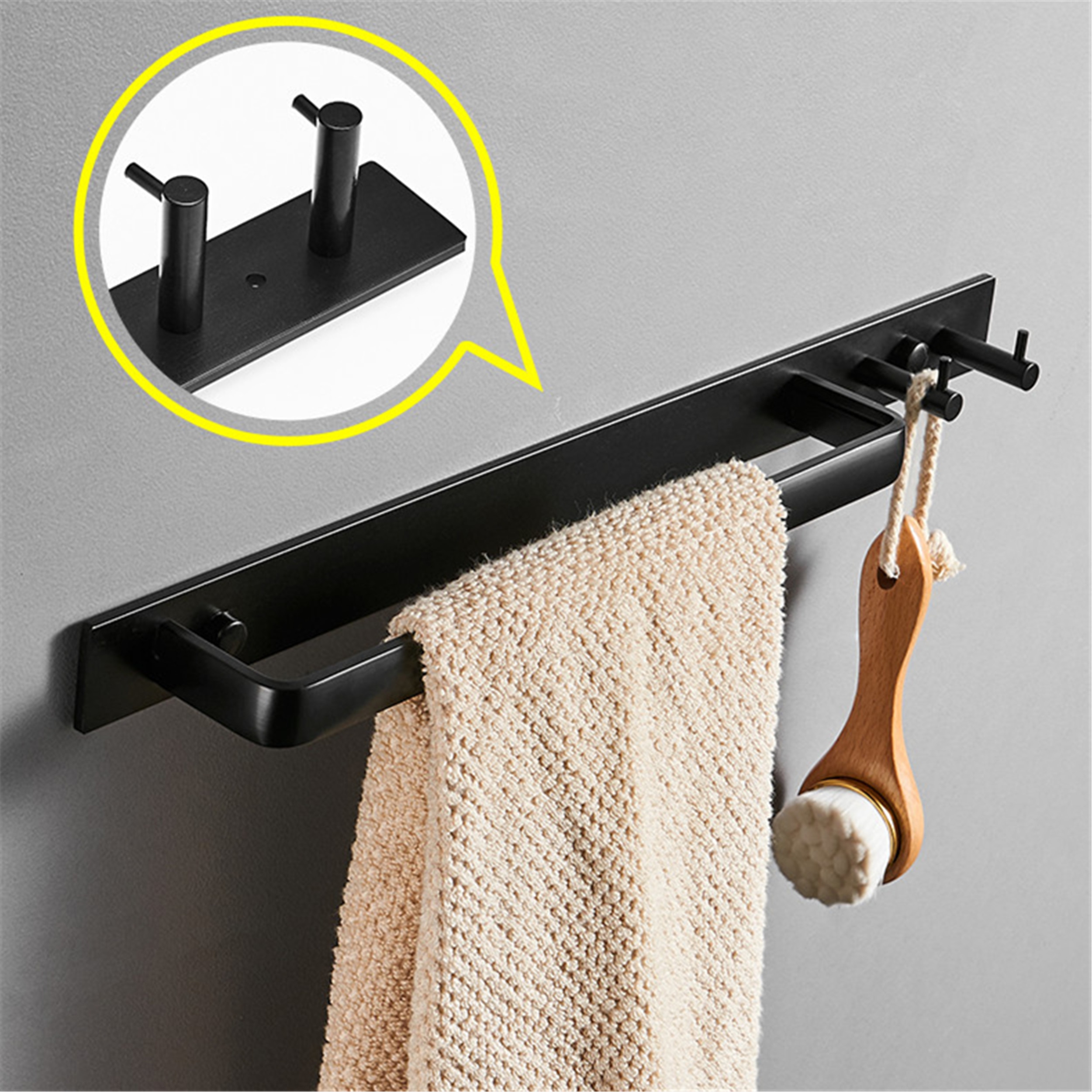 Plads aluminium sort håndklædestang vægmonteret badeværelse håndklædestativ med dobbelt håndklæde kroge badeværelse hardware vedhæng
