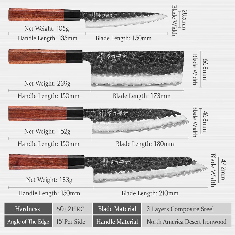 Hezhen 1-4pc kökskniv set skiva rostfritt stål komposit stål kock santoku nakiri verktyg rosenträ handtag låda