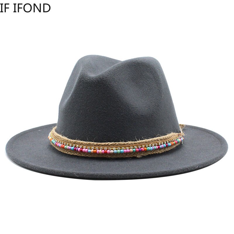 Simple Wool Vintage Fedora Hat Winter Autumn Lady Trilby Felt Hat Wide Brim Jazz Church Caps