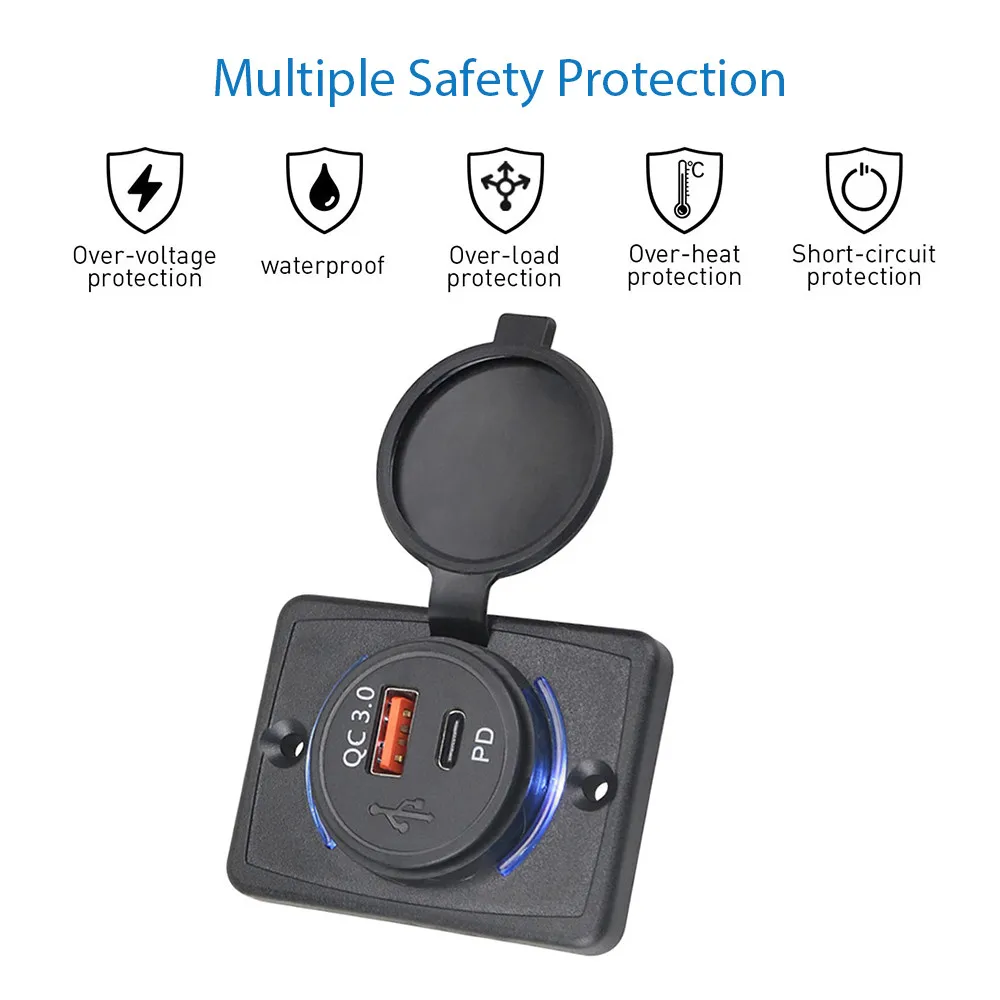 Cargador Usb Pd Qc 3,0 de carga rápida con cubierta, cargador Usb con luz Led de carga rápida resistente al agua de 38W para coches, barcos, autobuses y vehículos recreativos