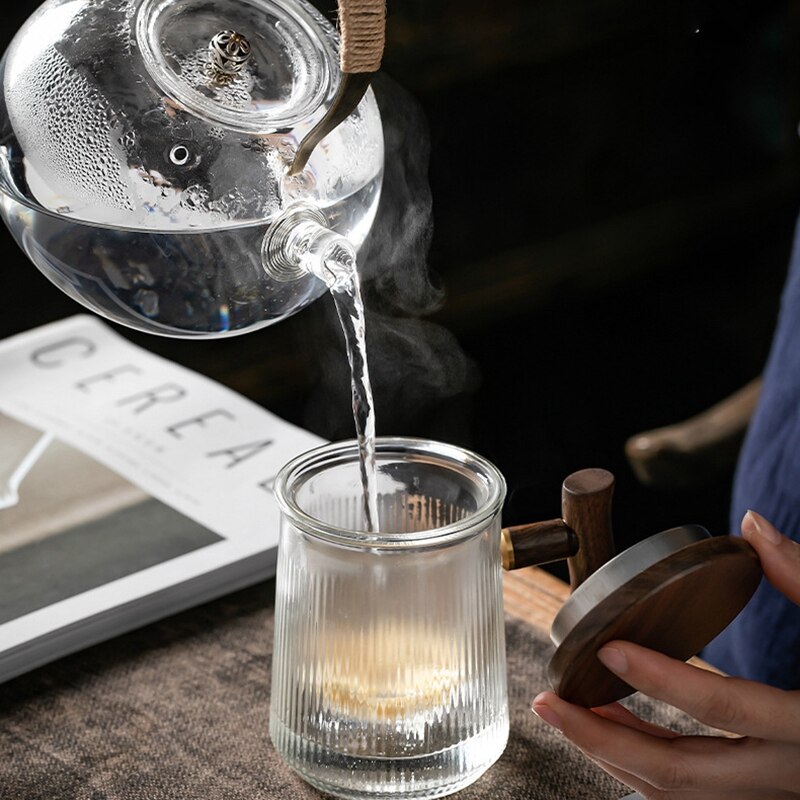 Tasse à thé en verre Borosilicate avec poignée en bois, avec couvercle, filtre, résistant à la chaleur, tasse à café, pour la cuisine et le bureau