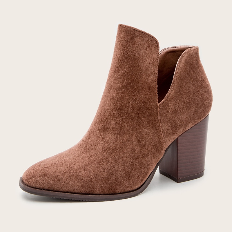 Botines de gamuza sintética para mujer, Botines de tacón alto con cremallera lateral, tacón de bloque alto apilado, sin cordones, estilo vaquero occidental,