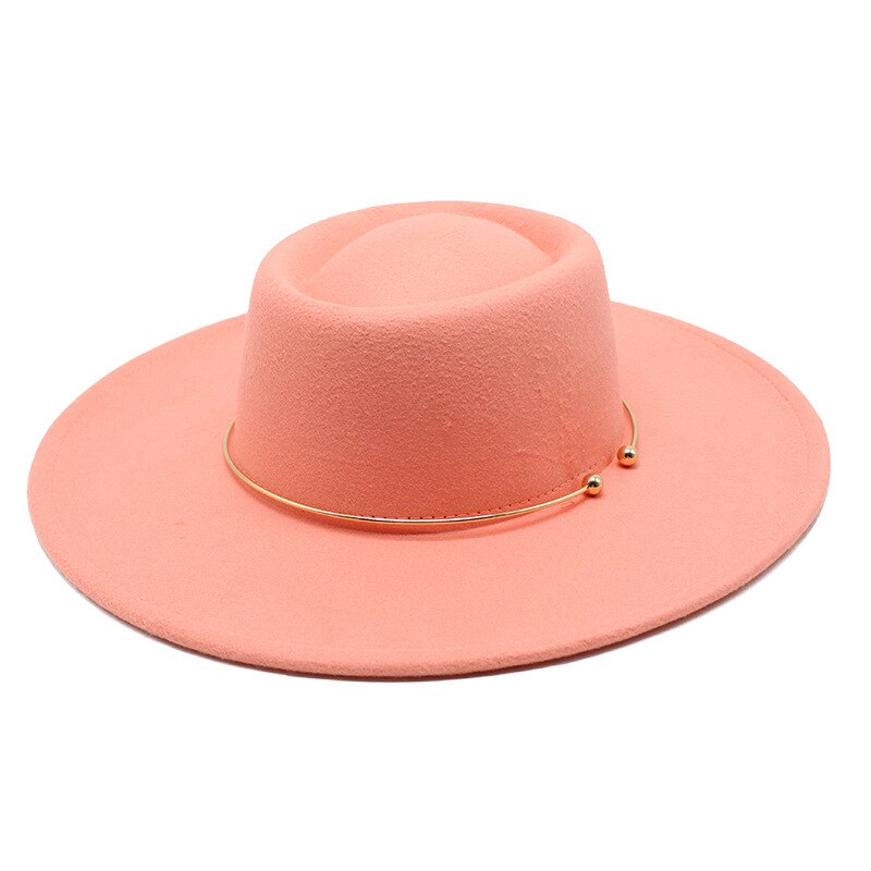 Fedora – chapeau feutré De Jazz pour femmes et hommes, à large bord De 9.5CM, avec chaîne en or, automne hiver, robe formelle: Leather Pink