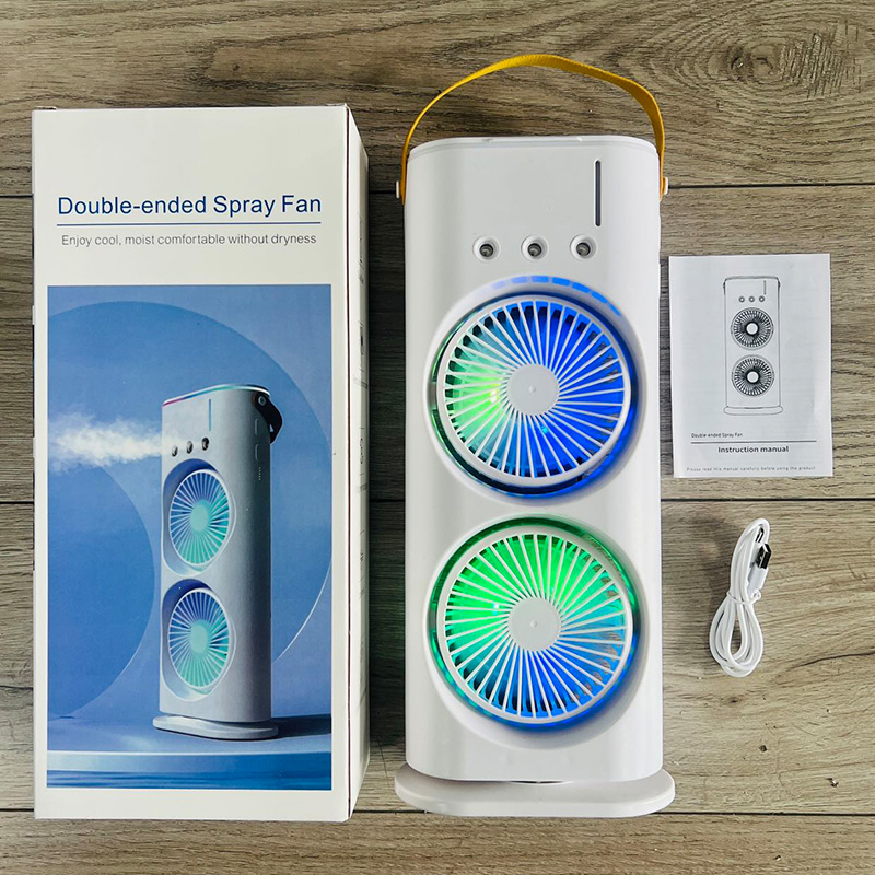 3-in-1-Doppelkopf-Sprühnebelventilator, tragbare Klimaanlagen, USB-Kabel, elektrischer Ventilator, LED-Licht, Wassernebelventilator, Luftbefeuchter