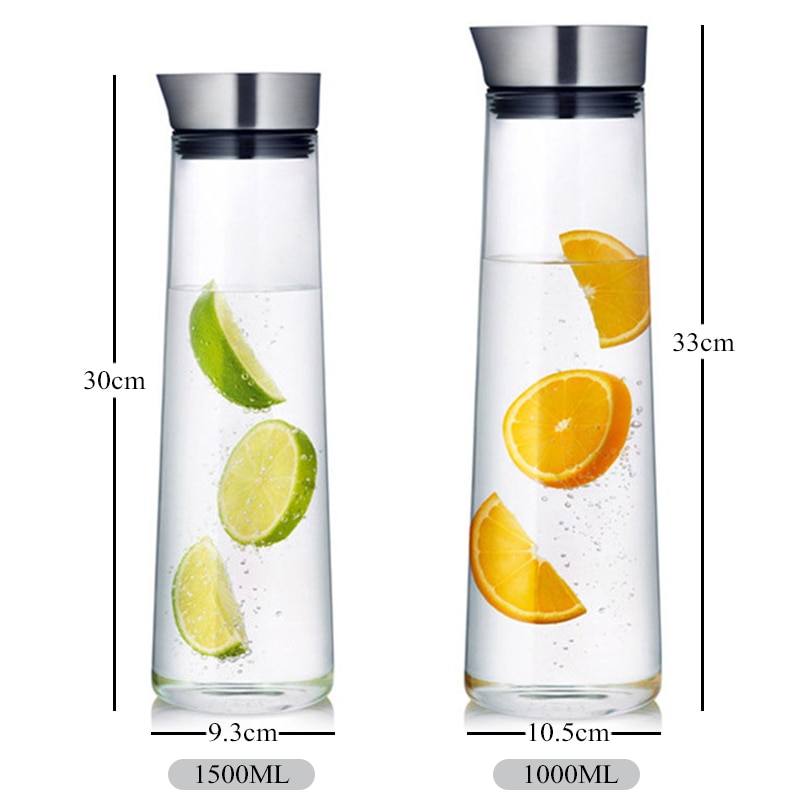 High Capacity 1000ml/1500ml Heat-Proof Thickened Glass Pitcher with Stainless Steel Lid Carafe for /Cold Water Juice