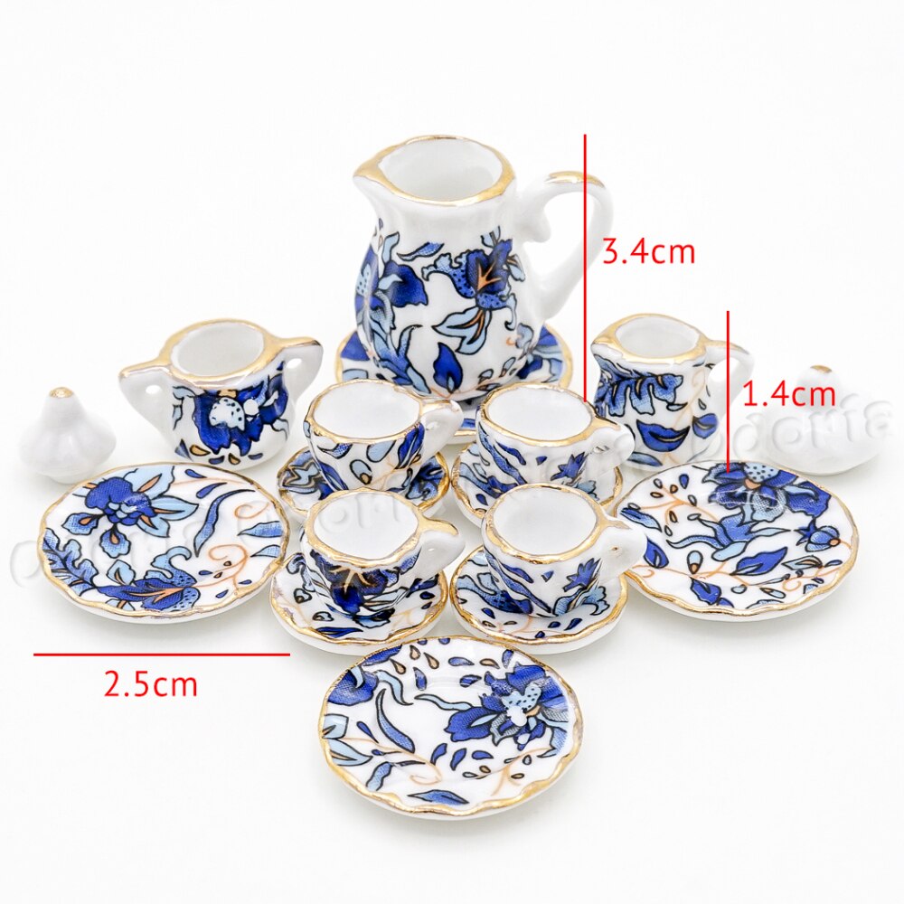 Odoria 1:12 Miniature 16PCS Blue Flower Patten Porcelain Coffee Tea Cups Ceramic Tableware Dollhouse Kitchen Accessories