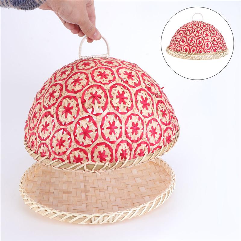 Bamboo Weaving Dustproof Cover With Plate Food Tray Vegetable Fruit Bread Dishes Tent Basket Random Color