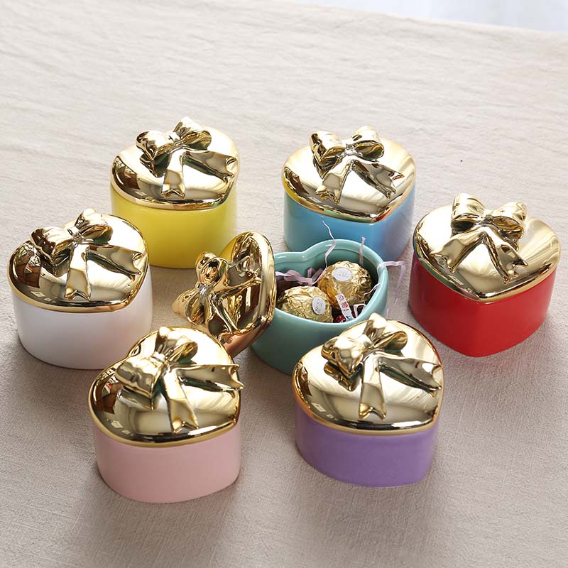 Hartvormige gouden strik snoepdoos romantische koreaanse bruiloft met ring oorbel ketting sieradendoos opslagtank