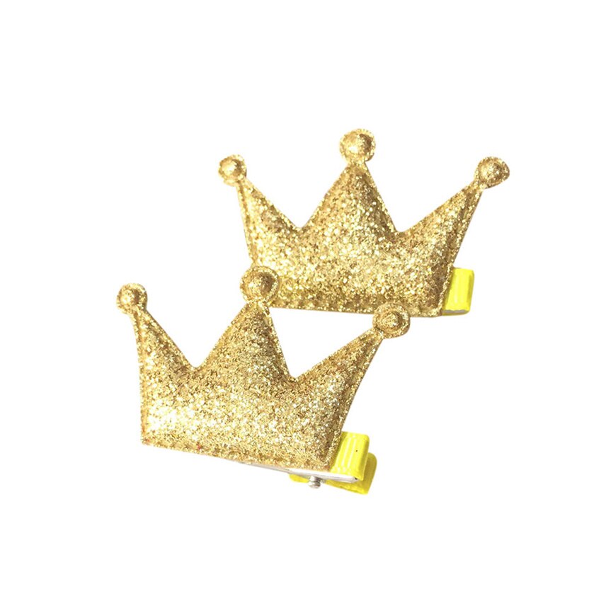 2 pcs bebê clipes de cabelo conjunto presente meninas festa lantejoulas brilhando princesa clipes de cabelo pequena coroa delicada couro estilo de cabelo fivela: Gold