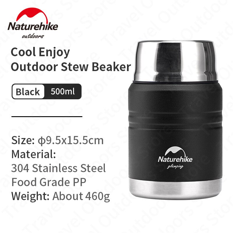 Naturehike Ultraleicht Picknick Tasse 500ml/750ml Tragbare draussen Reise Eintopf Becher warm Halten 8H Kochen Nudeln mit Löffel: Schwarz-500ML