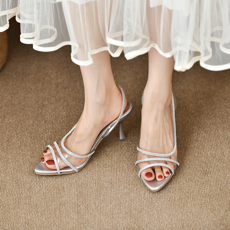 Kvinder sommer rhinsten slingback pumps kontordame transparente hæle sandaler spidse tå sexede høje hæle: Sølv / 36