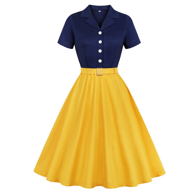 Tonval Marine Blau und Gelb Zwei Tonne-Geschmack hoch Baumwolle Elegante Kleid Frauen angeschnallt Rockabilly Jahrgang Plus Größe Midi- Kleider: Marine und Gelb / S