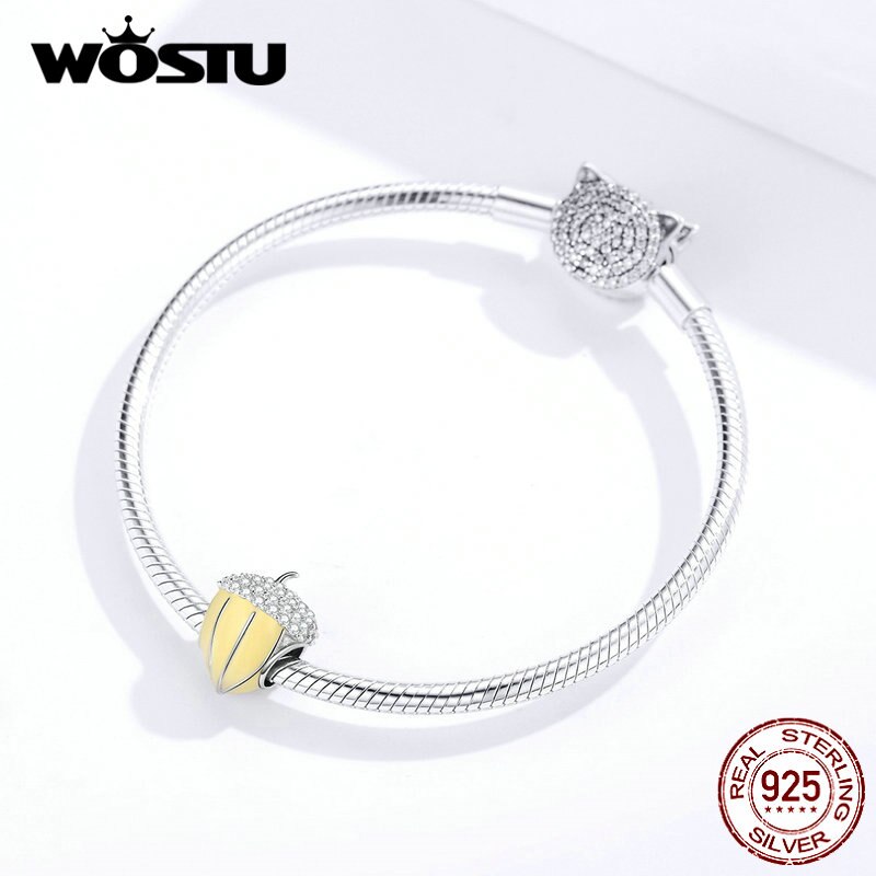 Wostu Real 925 Sterling Zilveren Dennenappel Kralen Geel Emaille Hanger Fit Originele Armband Bedels Zilver 925 Sieraden CQC1319