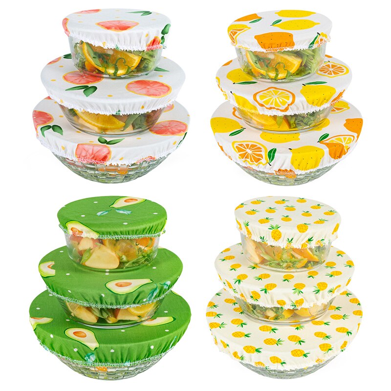 Couvercle de bol réutilisable, lavable, anti-poussière, 3 tailles/ensemble, pour garder les aliments au frais, bol, assiette, tissu, 4 motifs de fruits en option
