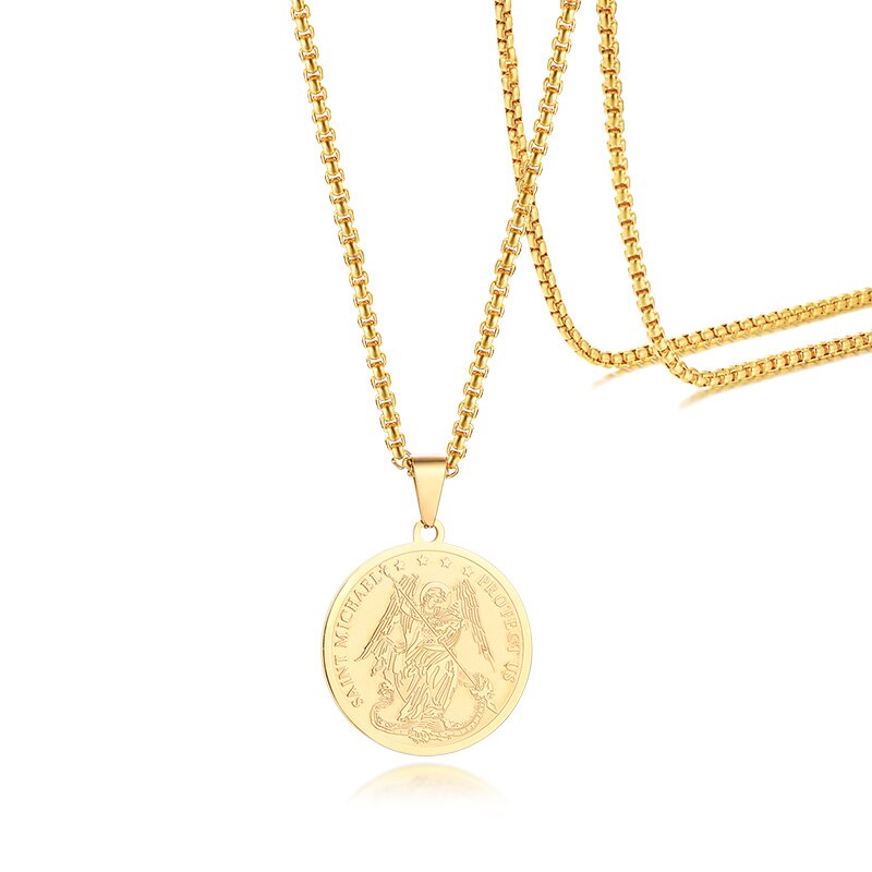 DEFEND US IN BATTLE SAINT MICHAEL MEDAL INSPIRATIONAL PENDANT FOR MEN STAINLESS STEEL SAINT MICHAEL PROTECT US NEKLACE 24INCH: Blue Zinc