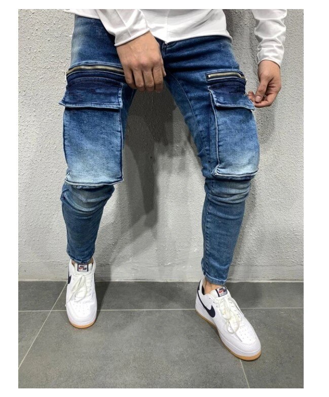 Mäns jeans stor ficka blixtlås dekoration ren bomull denim vatten land jeans