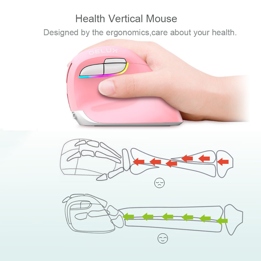 Delux M618 – Mini souris de jeu verticale ergonomique sans fil, Bluetooth, Rechargeable, rétroéclairée rvb, pour ordinateur portable