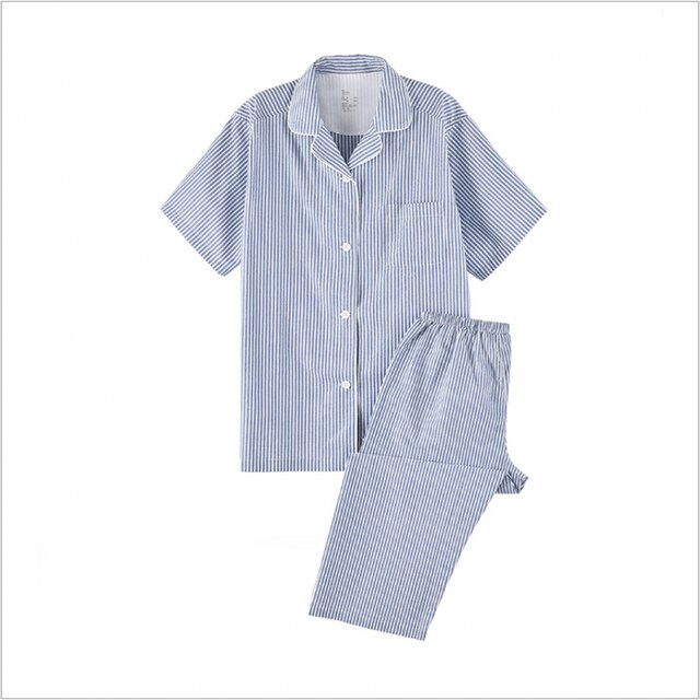 Conjunto de pijama a rayas para hombre, ropa de dormir informal de verano, 100% algodón, cárdigan con cuello vuelto, camisa y pantalones a media pierna: Women Blue / XL