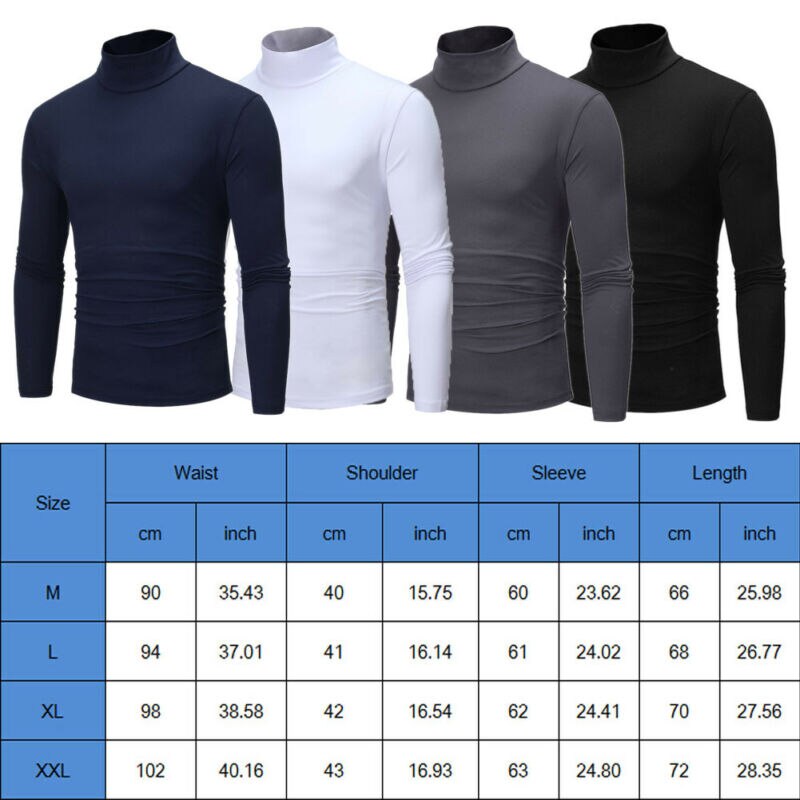 T-shirt manches longues col montant homme col roulé tricoté en coton thermique, sous-vêtement pour homme, , pour l'hiver, hauts pour hommes
