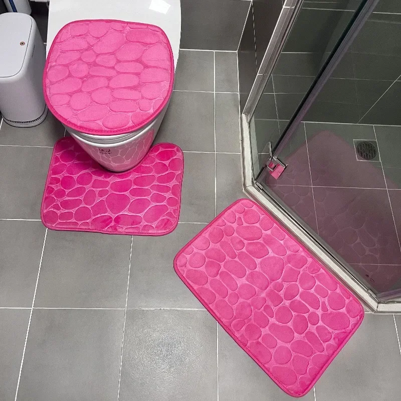 3PCS/Set Non-slip Soft Bath Mat Toilet Cover Carpet Cobblestone Embossed Floor Mat Bathroom Absorb Water Can Be Washed 욕실 매트: PURPLE
