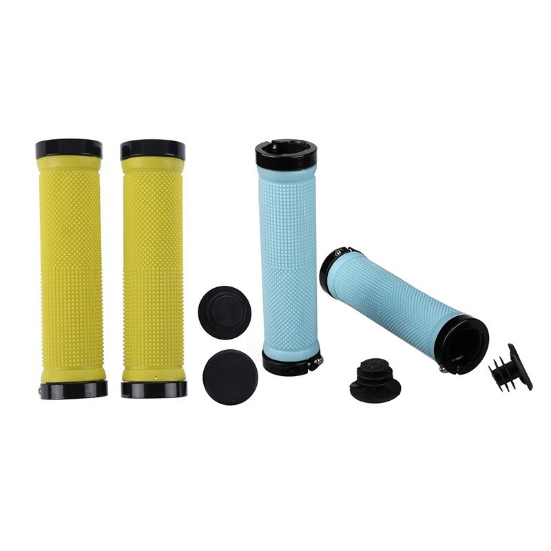 2 Pair Double Road Mountain MTB BMx Bike Cycle Bicycle Lock on Locking Handlebar Grips - Yellow & Blue