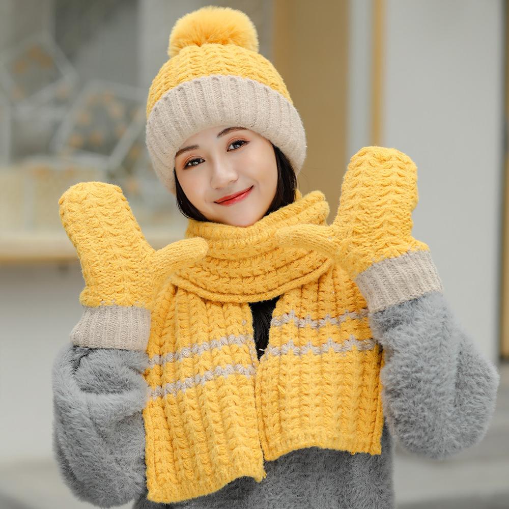 Winter Women's hat and scarf gloves three pieces Girl 'S Hat Wool Hat Beaine Female Cap and scarves Gloves set pink Color: yellow