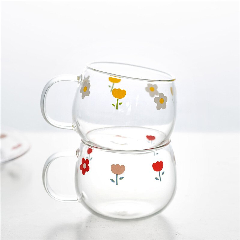 Japansk genomskinlig blomma glas mjölkkopp med sked och fat set kaffe frukost mugg dessert tallrik söt enkel tekopp