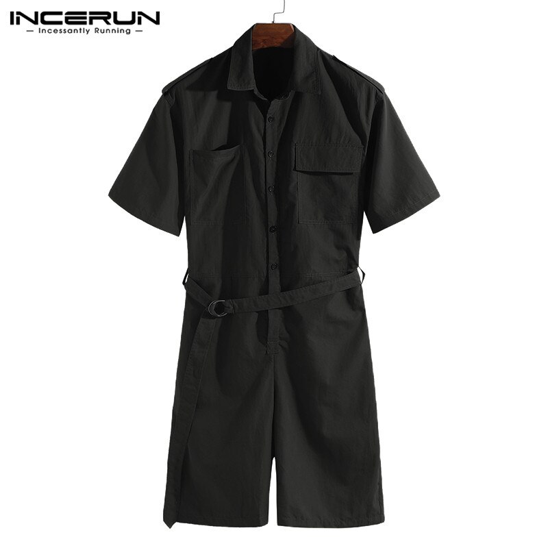 INCERUN Streetwear Männer Gesamt-spielanzug Gürtel Taschen Halbes Feste Hosen Männer Lässig Gesamt Overall Harajuku: Schwarz / XXXL