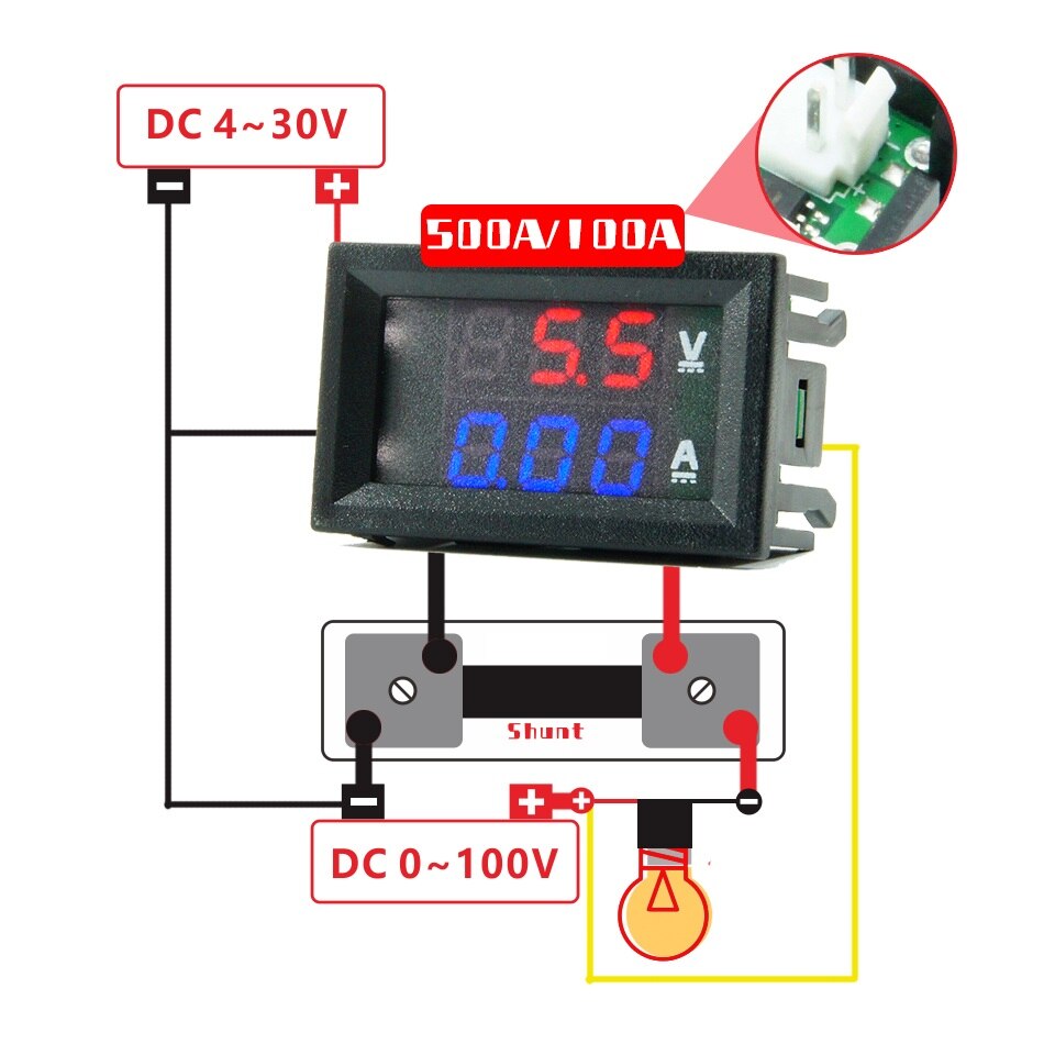 Dual Display Digital Volt Meter (4.5-30V) + 50A 75mV Shunt Resistor - For DC/AC Current Monitoring