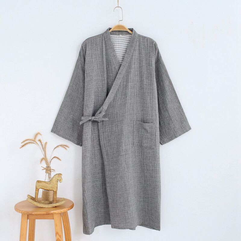 Yukata-Bata japonesa de algodón para hombre, ropa fina de vapor, Kimono, pijamas, cárdigan largo, albornoz, ropa de ocio, primavera y verano, novedad: Grey / M