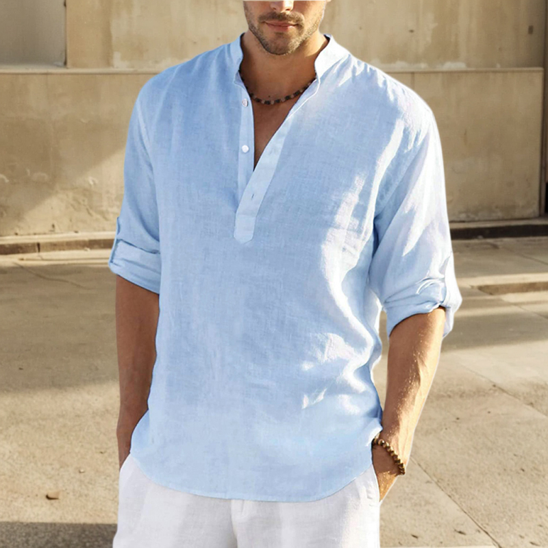 2024 lässig Bluse verlieren Baumwolle Leinen Männer Hemd Stehen Kragen Reine Lange Hülse T-Shirt Hübsche Passende oben Kleidung