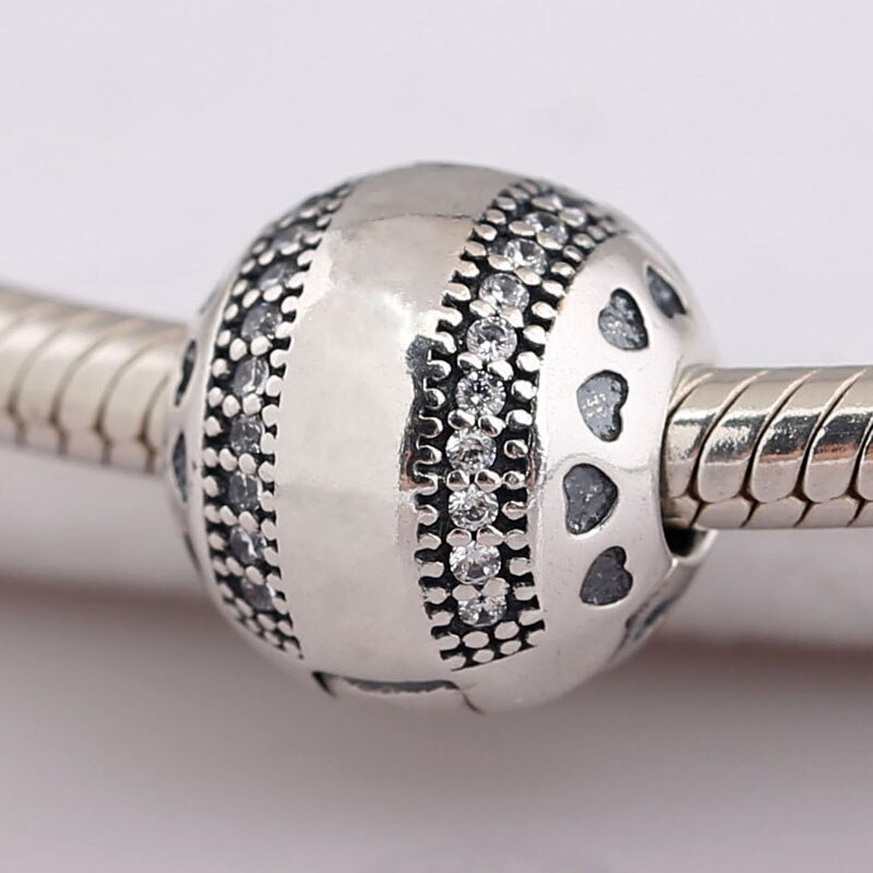 Original Funkelnden Streifen Logo Herzen Clip Stopper Perlen Fit 925 Sterling Silber Charme Armband Armreif Diy Schmuck