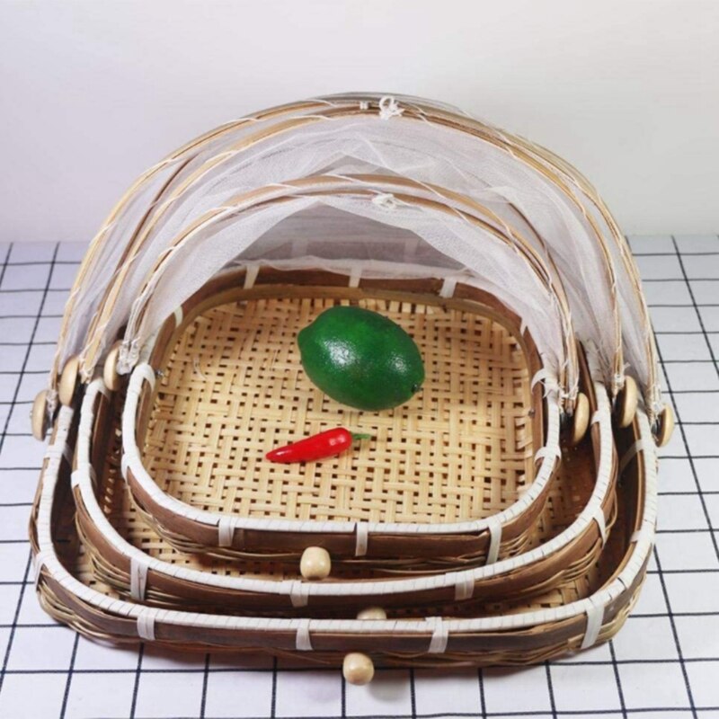 Hand-Woven Food Basket, Bamboo Food Tent Basket, Food Tent Basket with Net Gauze Cover,Outdoor Bread Basket