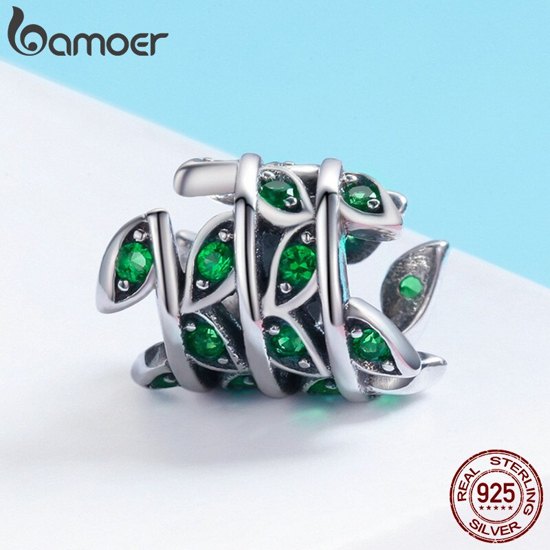 BAMOER 100% 925 Sterling Silver Tree of Life Green Tree Leaves Beads fit Women Bracelet & Necklaces DIY Jewelry Making SCC567