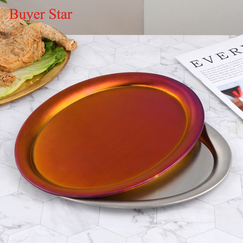 Golden Rvs Opslag Lade Metalen Ovale Diner Plaat Cake Display Keuken Huishoudelijke Fruit Salade Borden Westerse Steak Lade